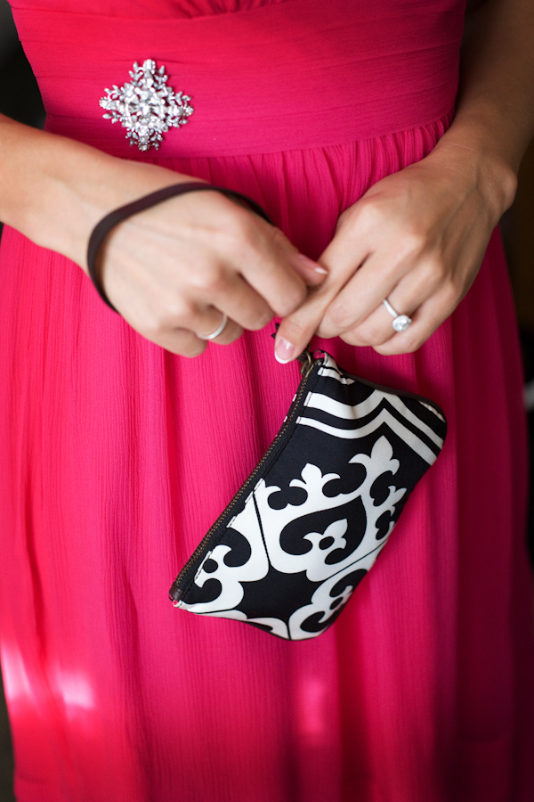 pink bridesmaids dress and black and white clutch - real wedding photo by Seattle photographers GH Kim Photography